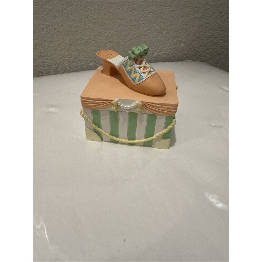 Twos Company Vintage Shoe Trinket Box Ceramic Striped Gift Box Peach Green Pearl